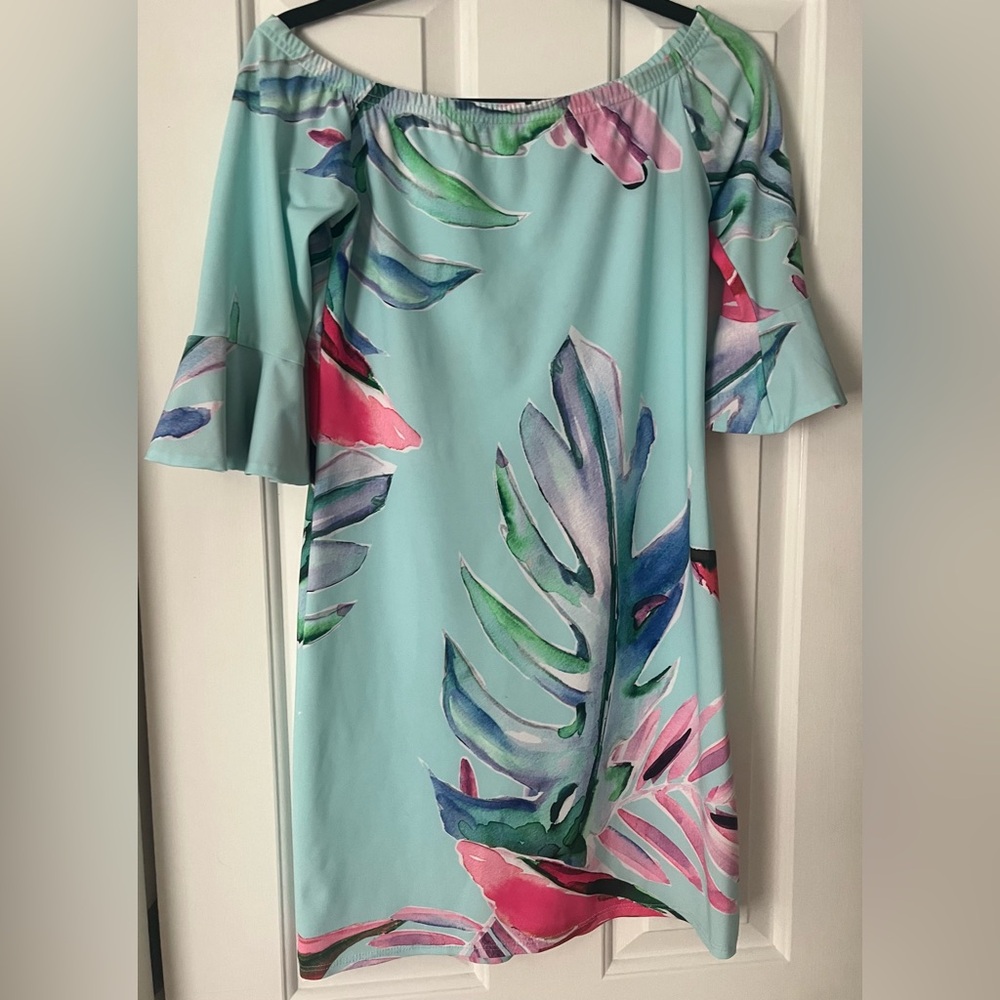 Tropical Leaf Print Off-Shoulder Dress - Blue and Pink